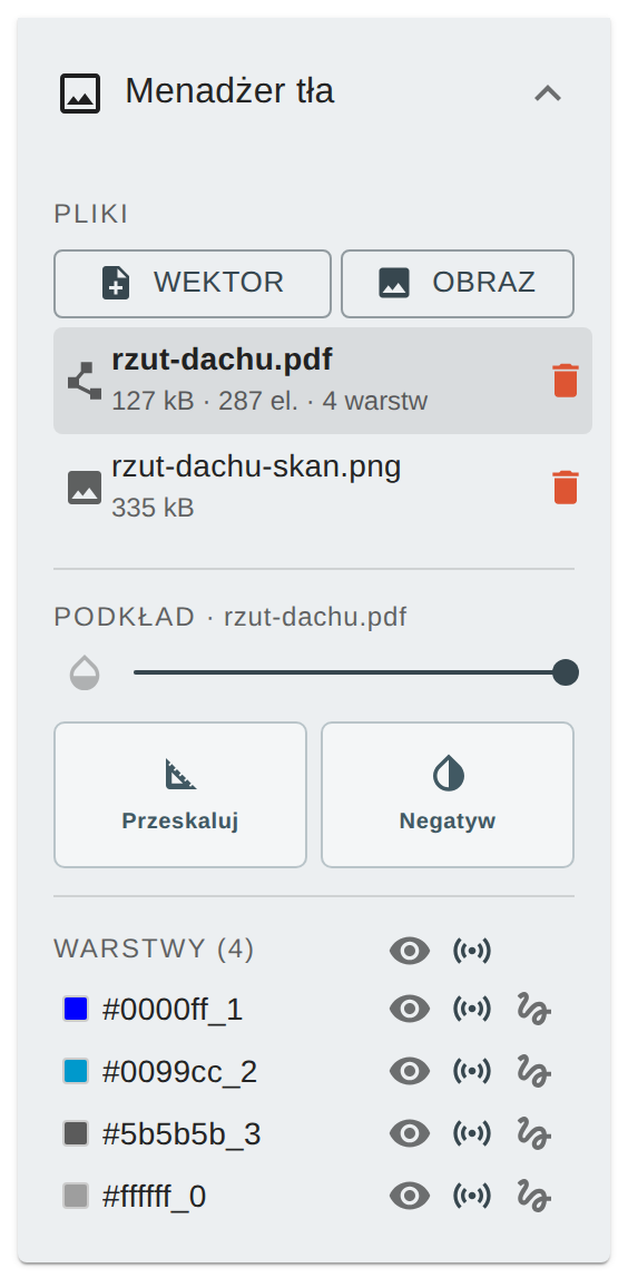 Menadżer tła z listą dwóch plików, ustawieniami podkładu i listą warstw