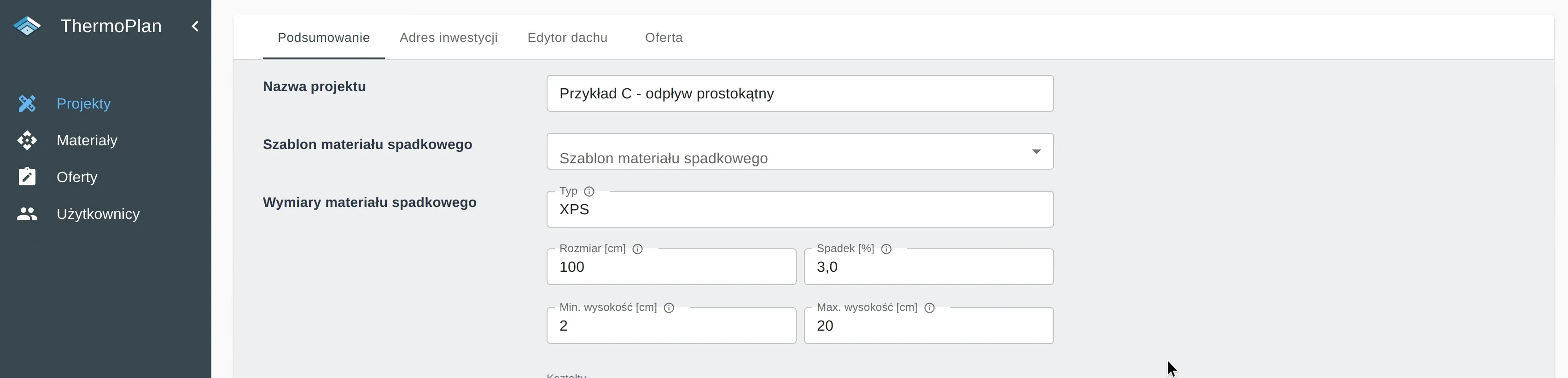 Widok menu bocznego ThermoPlan z zaznaczoną sekcją Projekty i przyciskiem Stwórz nowy projekt