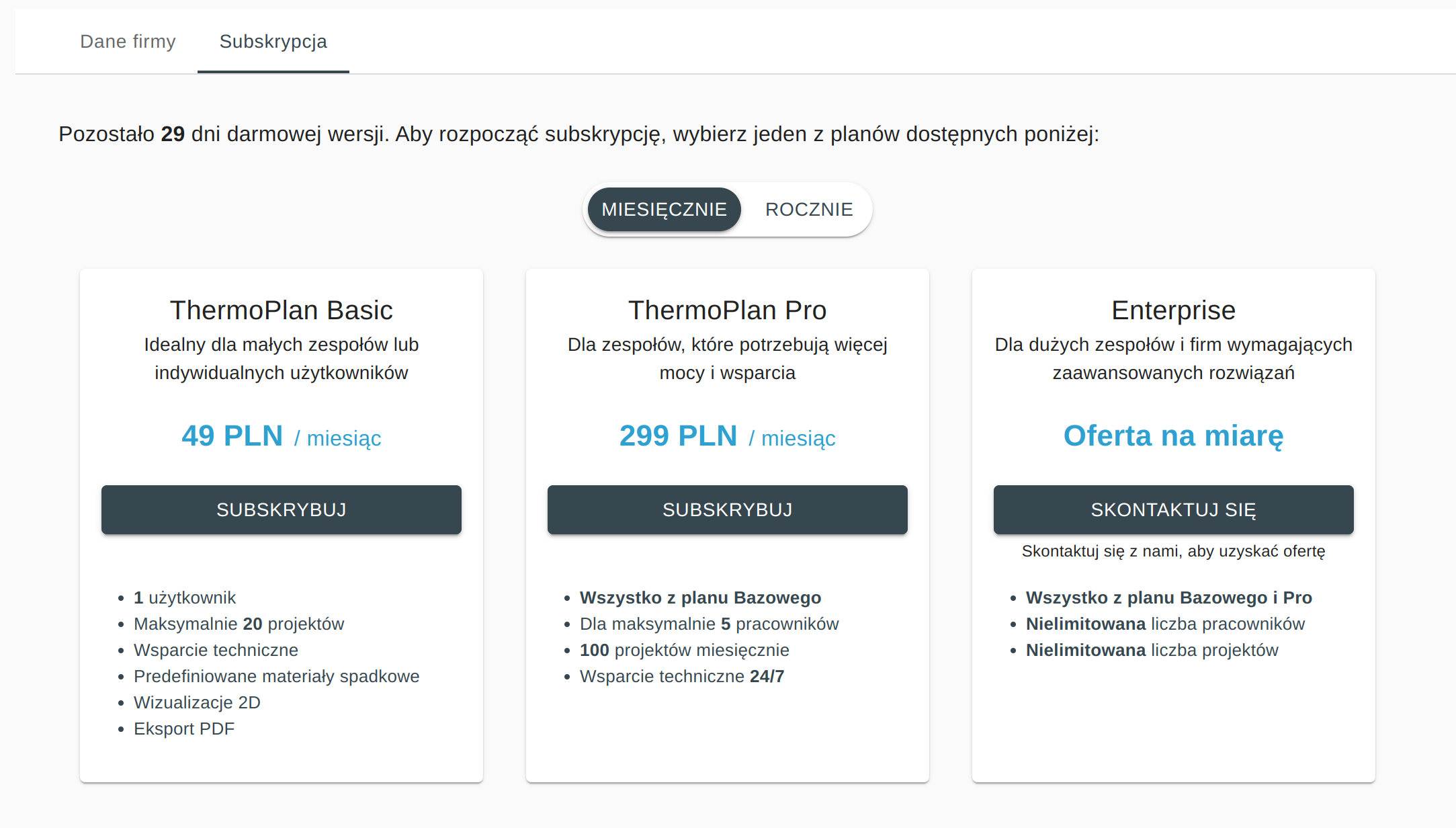 Wybór planu subskrypcji w aplikacji ThermoPlan