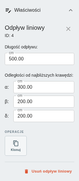 Panel szczegółów – właściwości odpływu liniowego, edycja długości i odległości
