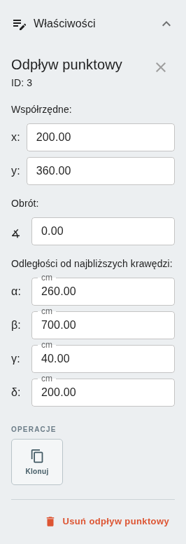Panel szczegółów – właściwości odpływu punktowego, edycja współrzędnych i odległości