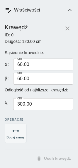 Panel szczegółów – właściwości krawędzi odpływu prostokątnego