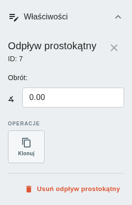 Panel szczegółów – właściwości odpływu prostokątnego, pole obrotu