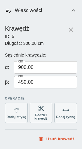 Panel szczegółów – właściwości krawędzi dachu, długości i odległości