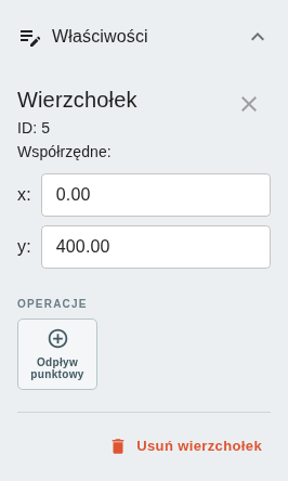 Panel szczegółów – właściwości wierzchołka dachu, edycja współrzędnych