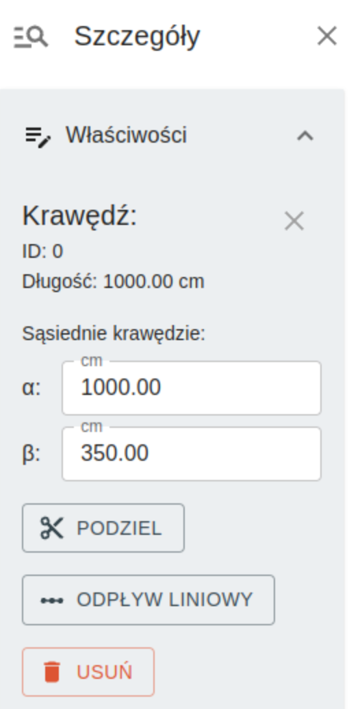 Panel szczegółów – właściwości krawędzi dachu, długości i odległości