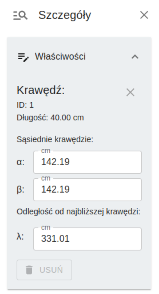 Panel szczegółów – właściwości krawędzi odpływu prostokątnego