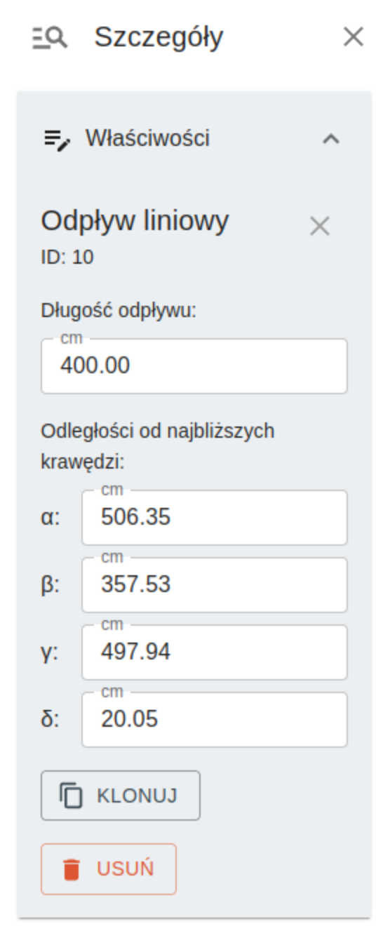 Panel szczegółów – właściwości odpływu liniowego, edycja długości i odległości