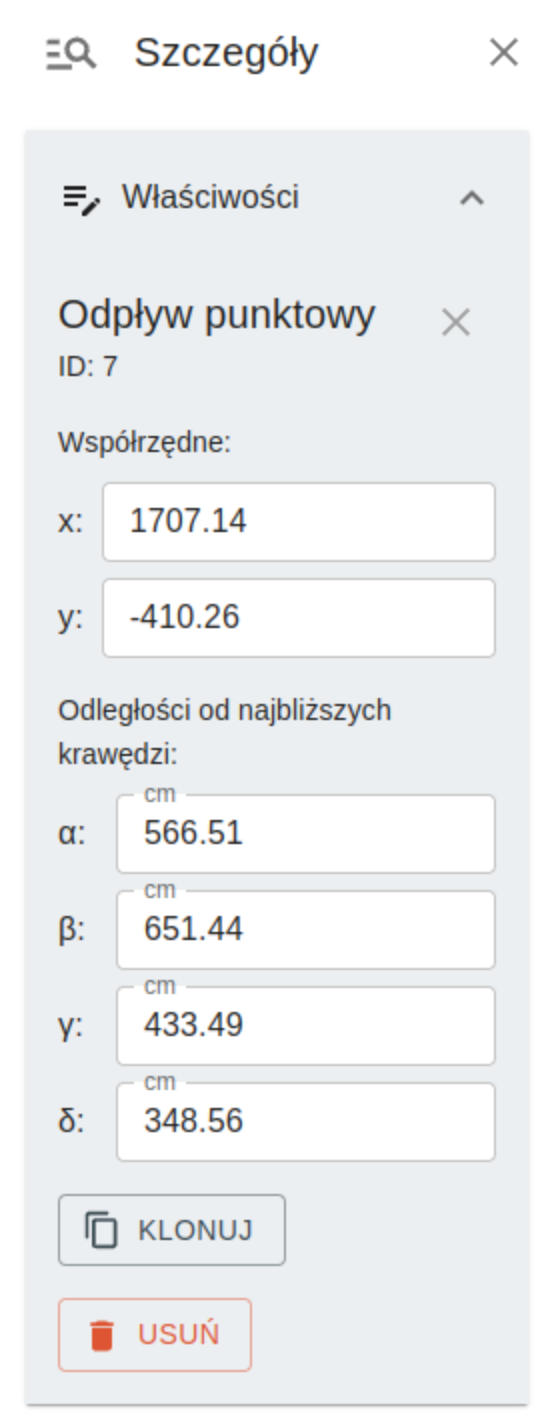 Panel szczegółów – właściwości odpływu punktowego, edycja współrzędnych i odległości