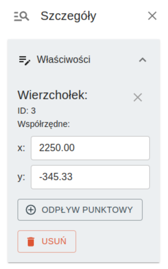 Panel szczegółów – właściwości wierzchołka dachu, edycja współrzędnych