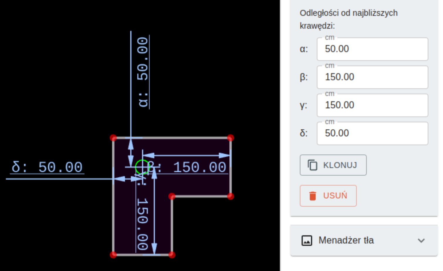 Panel edytora z narzędziami do precyzyjnego rozmieszczania odpływów w ThermoPlan