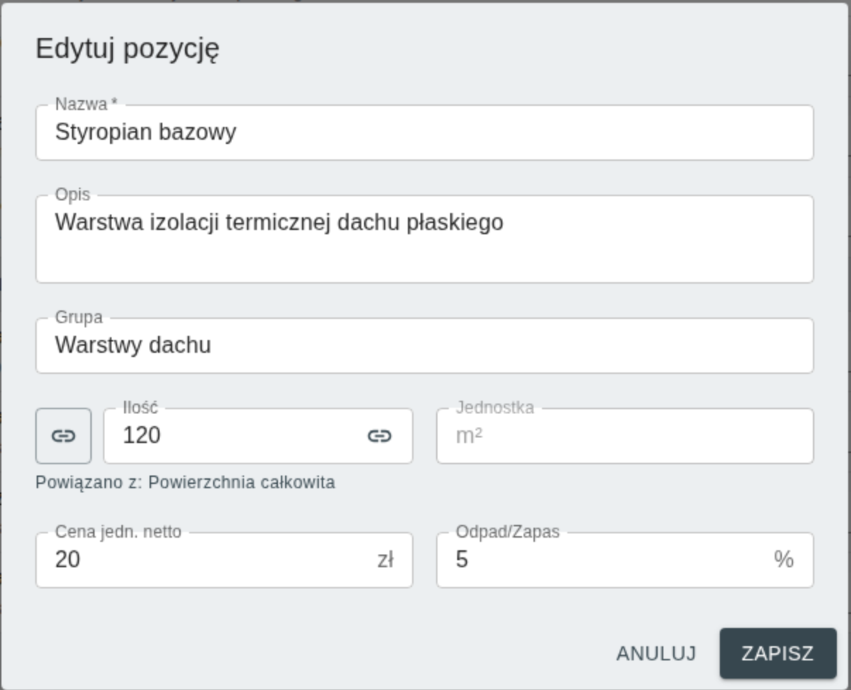 Tworzenie/edycja elementu pozycji