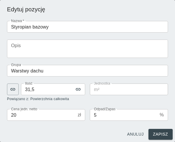 Tworzenie/edycja elementu pozycji