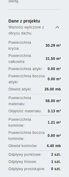 Podsumowanie elementów dachu w zakładce Oferty - obwód attyki, powierzchnia krycia, powierzchnia całkowita