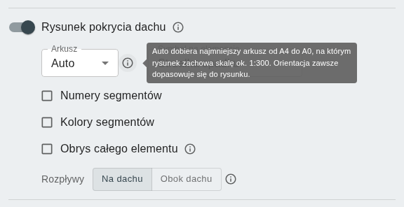Rozwinięte ustawienia rysunku pokrycia dachu z dymkiem pomocy przy formacie arkusza