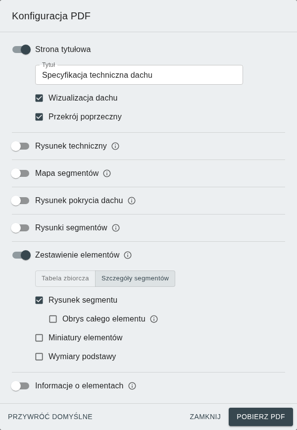 Okno konfiguracji PDF z przełącznikami części dokumentu