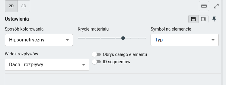 Przypięty panel ustawień nad wizualizacją pokrycia dachu