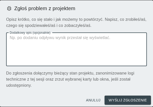 Formularz Zgłoś problem z projektem z polem dodatkowego opisu
