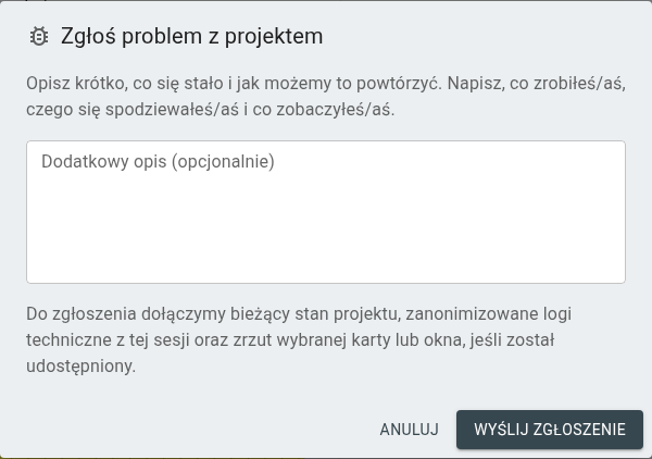 Formularz Zgłoś problem z projektem z polem dodatkowego opisu