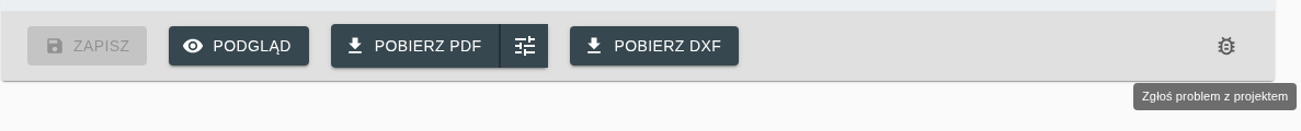 Dolny pasek edycji projektu z ikoną Zgłoś problem z projektem