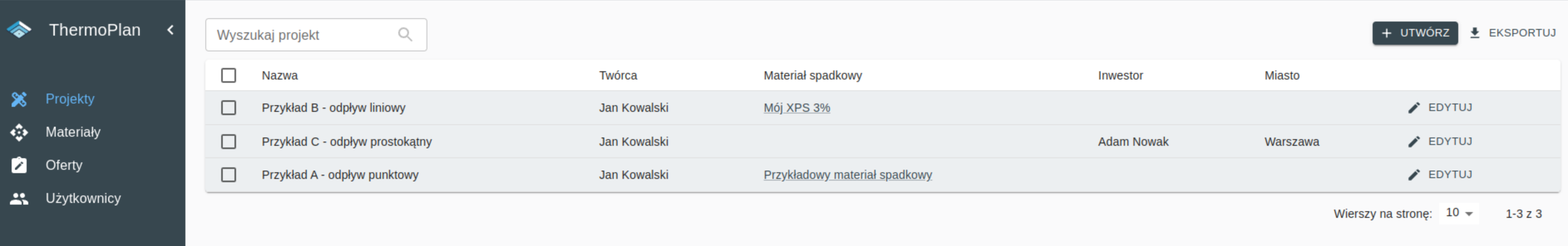 Widok listy projektów w aplikacji ThermoPlan