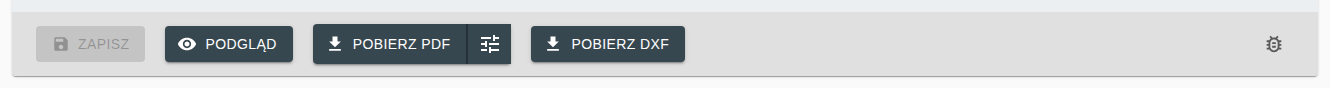 Widok edytora projektu z opcjami eksportu PDF i DXF w ThermoPlan