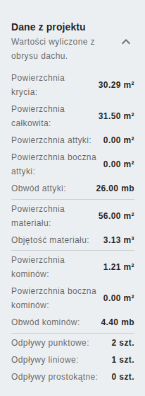 Tabela podsumowująca powierzchnie, obwody, objętości i ilości w ThermoPlan