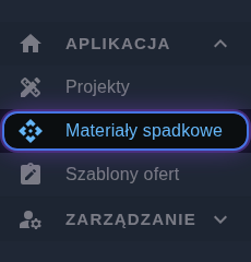 Widok menu Materiały w aplikacji ThermoPlan
