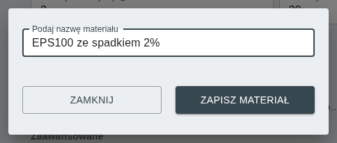 Dialog zapisu nowego szablonu materiału spadkowego podczas edycji projektu w ThermoPlan