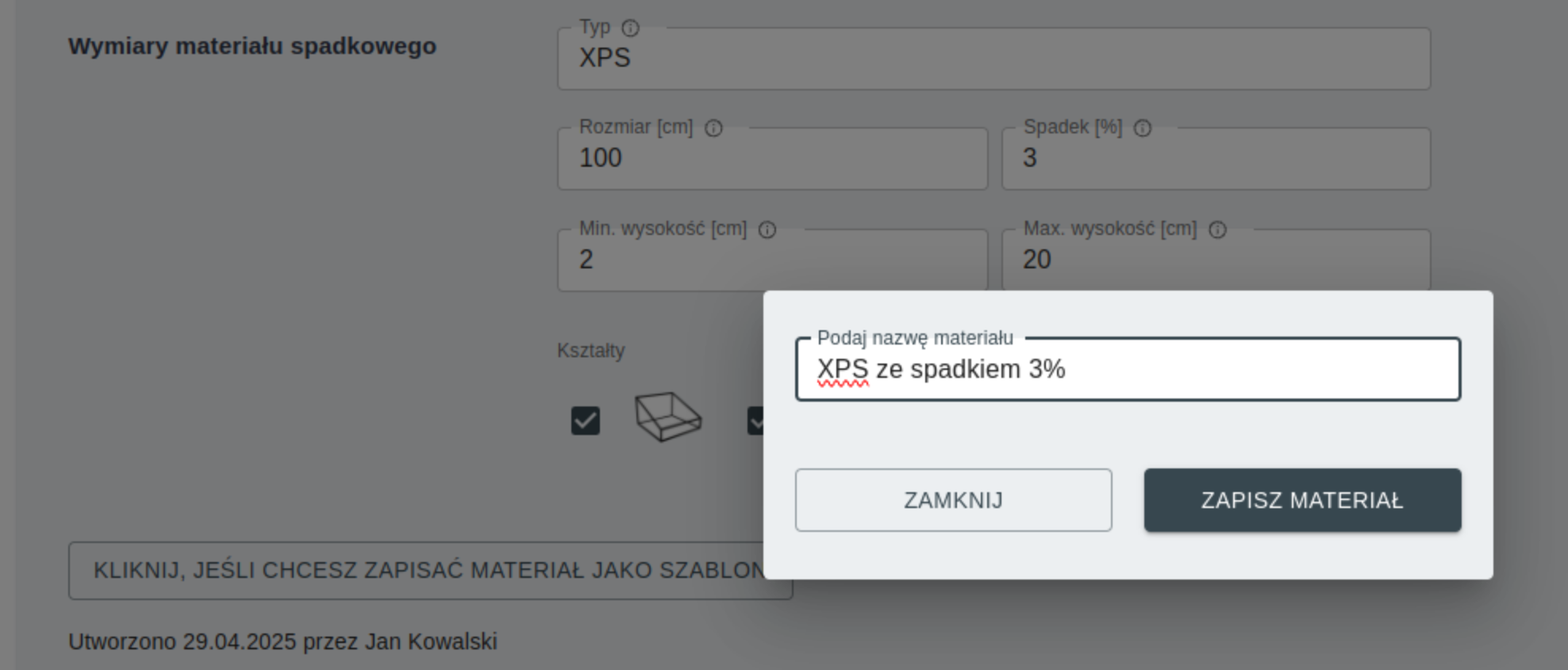 Dialog zapisu nowego szablonu materiału spadkowego podczas edycji projektu w ThermoPlan