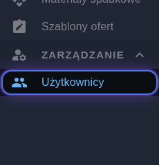 Widok menu bocznego z zaznaczoną sekcją Użytkownicy w panelu administracyjnym