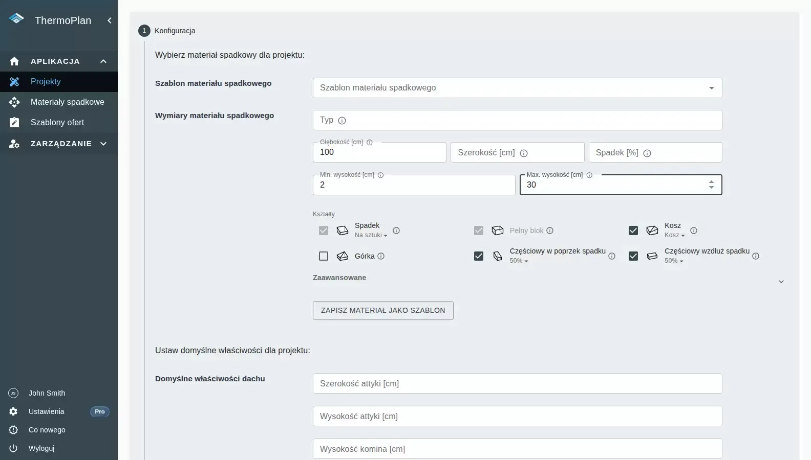 Kreator nowego projektu ThermoPlan – wybór materiału spadkowego i kształtu dachu L